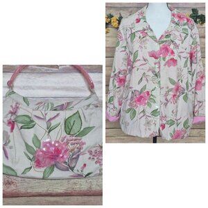 Vintage Beaded Floral Jacket & Matching Handbag Purse Cotton/Flax Plus Size 1X